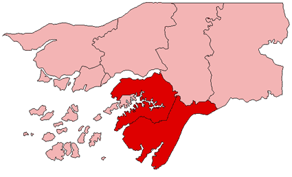 carte des deux régions administratives du sud-ouest de la Guinée-Bissau.